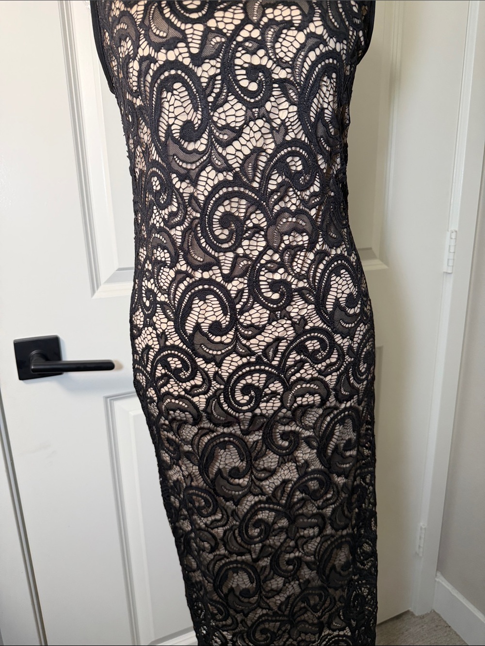 Black Lace Midi Dress with Nude Lining - Picture 3 of 6